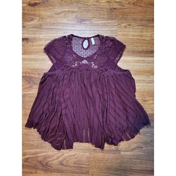 Free People Lace Top Womens Small Stars Align Crochet Gauze Boho Blouse Burgandy - Picture 1 of 4